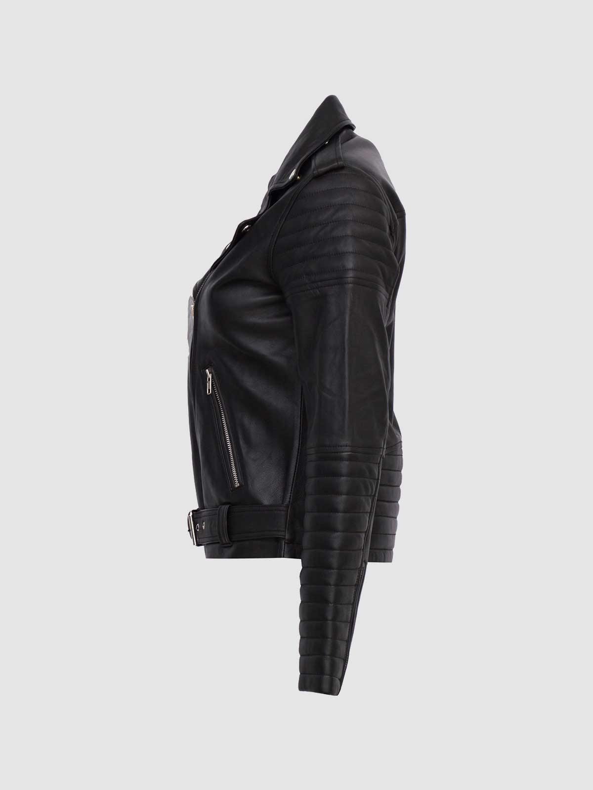 Black  moto jacket in leather, featuring a belted waist and classic double rider fit for an edgy, iconic look..