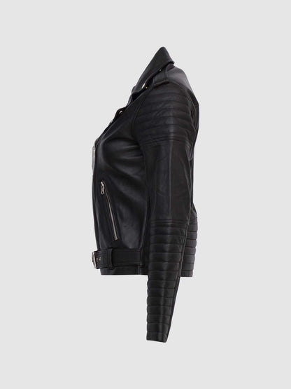 Black  moto jacket in leather, featuring a belted waist and classic double rider fit for an edgy, iconic look..