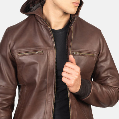 Brown suede jacket. Button-front bomber, patch pockets, ribbed hem.