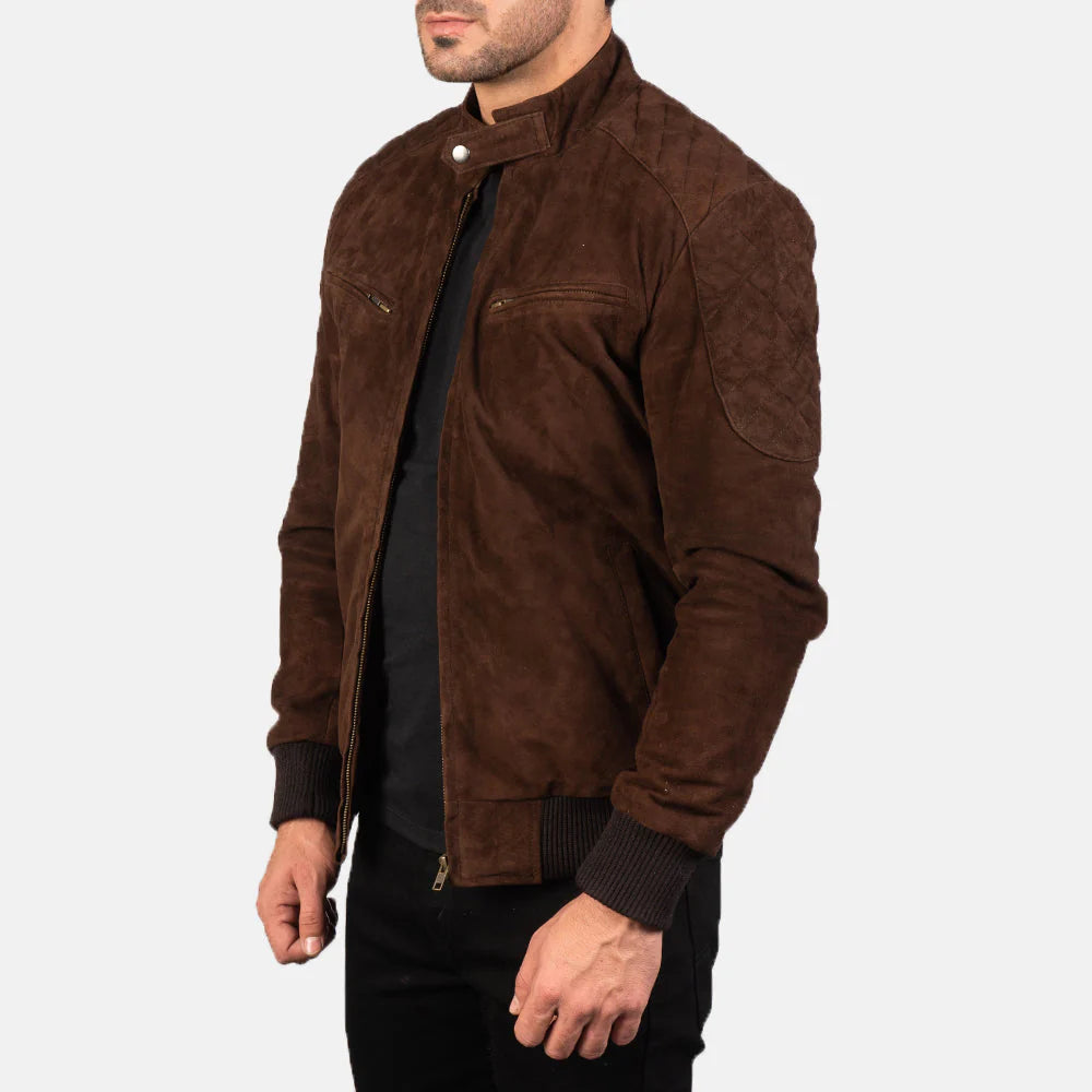 Black leather bomber. Aviator style, utility pocket, ribbed cuffs, band collar.