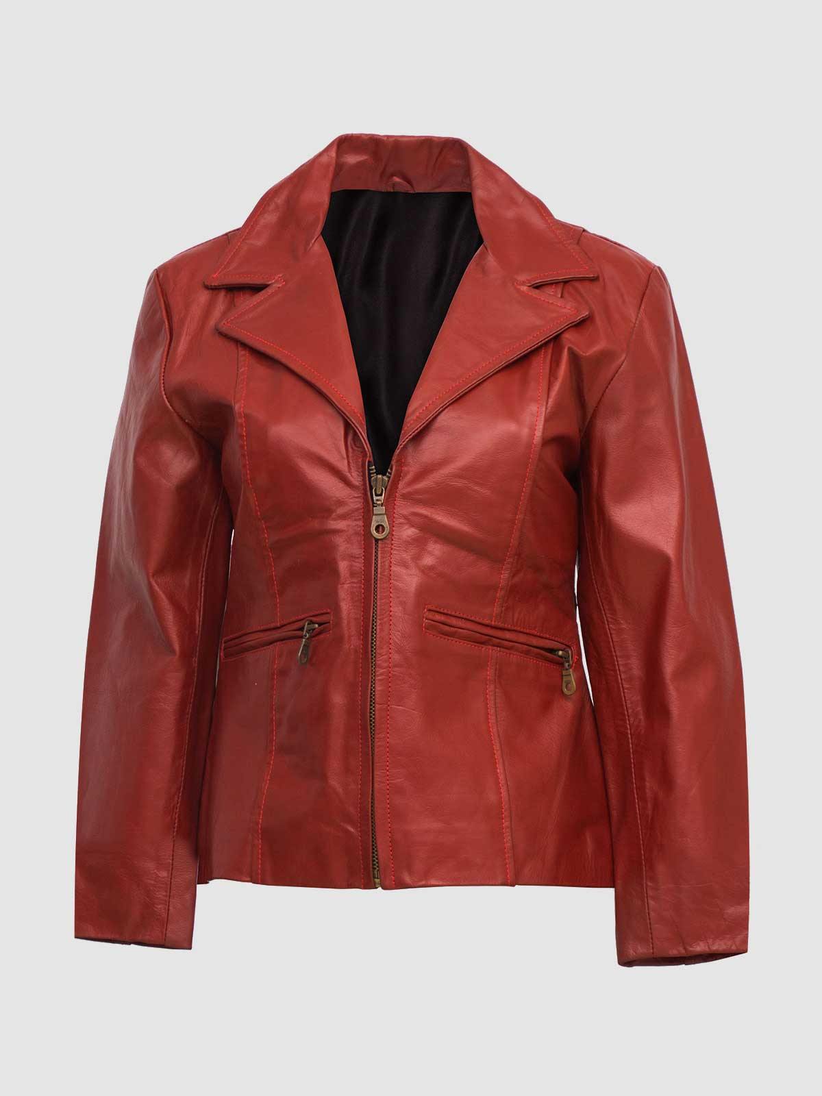 Women's Scarlet Red Leather Jacket with a fold-down collar, full zip front, and tailored stitching.