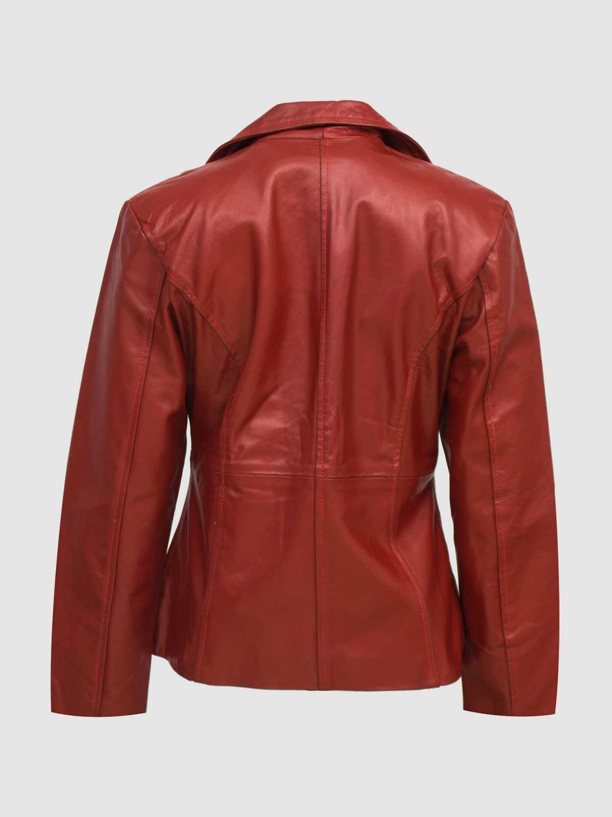 Red leather jacket. Women's tailored fit, fold-down collar, full zip.
