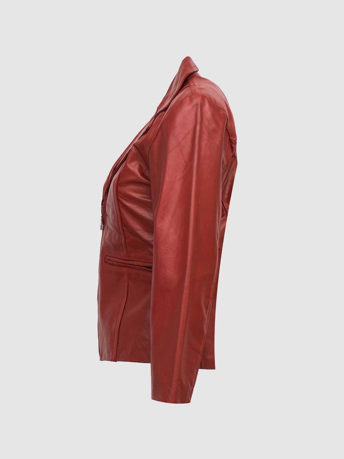 Front view of a tailored red leather jacket for women, showing the pointed collar, zippered pockets, and dark interior lining.