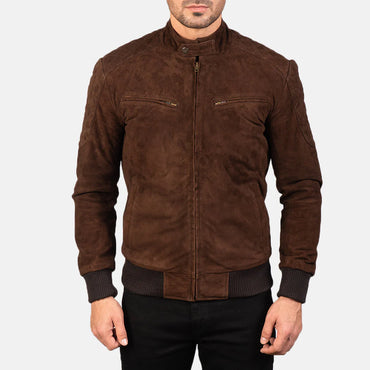 Front view of a man modeling an open black leather bomber jacket, showing the ribbed collar, cuffs, hem, and the iconic zippered arm pocket.