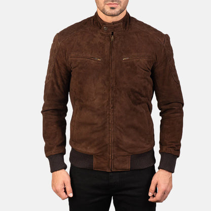Front view of a man modeling an open black leather bomber jacket, showing the ribbed collar, cuffs, hem, and the iconic zippered arm pocket.