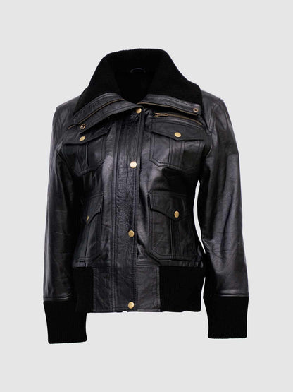 Women's Black Leather Utility Bomber Jacket with multiple flap pockets and a chunky knit collar.