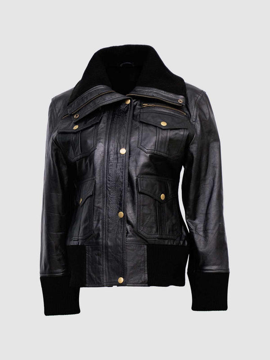 Women's Black Leather Utility Bomber Jacket with multiple flap pockets and a chunky knit collar.