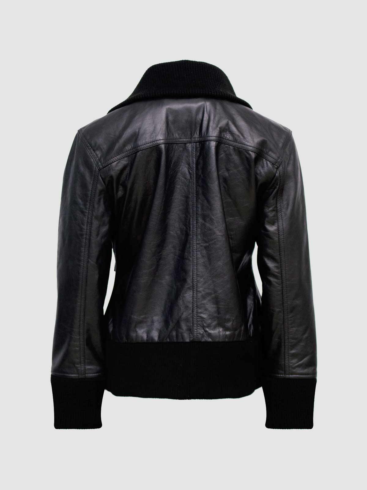 Black leather jacket featuring gold/brass snaps on flap pockets and a wide, ribbed knit stand collar.