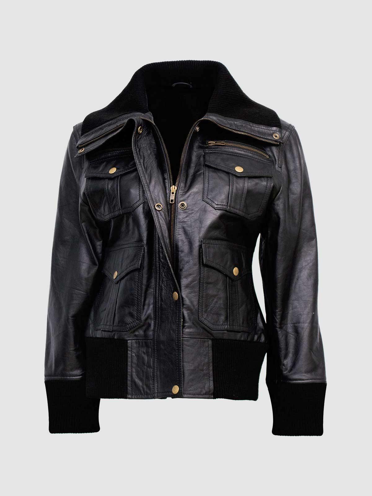 Front view of a black leather jacket for women, showcasing four flap pockets, brass snaps, and thick black ribbed knit trim at the neck and waist.