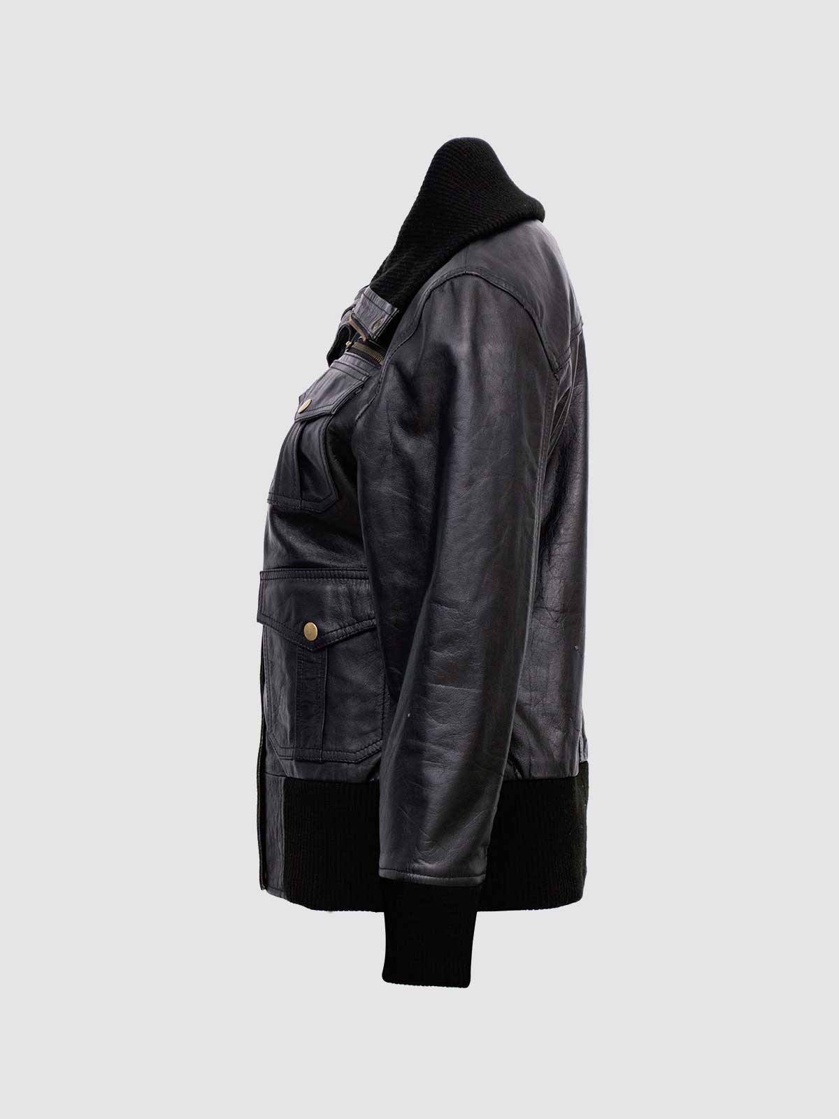 Stylish black leather cargo jacket with a bomber fit, offering high utility and a warm, ribbed knit collar for comfortable wear.
