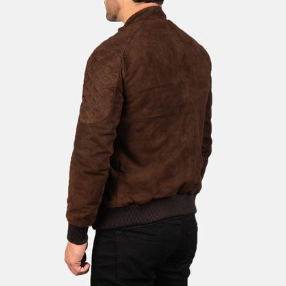 Smooth black leather bomber jacket with contrasting ribbed knit collar, cuffs, and hem, and a functional zippered arm pocket.