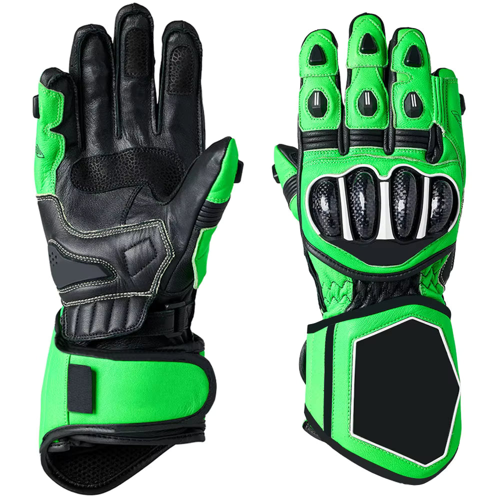 Neon green and black leather motorcycle racing gloves with quad-pod carbon fiber knuckle armor.
