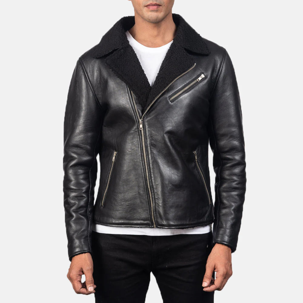 Warm and stylish black shearling leather jacket for men, showing its cozy sherpa lining and classic design suitable for winter wear.