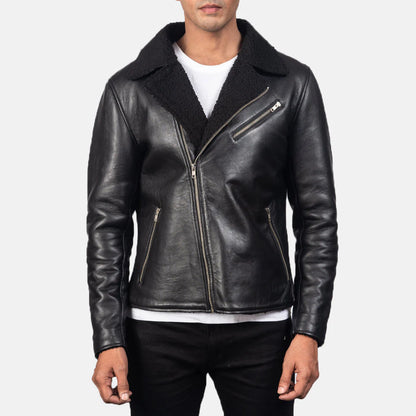 Warm and stylish black shearling leather jacket for men, showing its cozy sherpa lining and classic design suitable for winter wear.