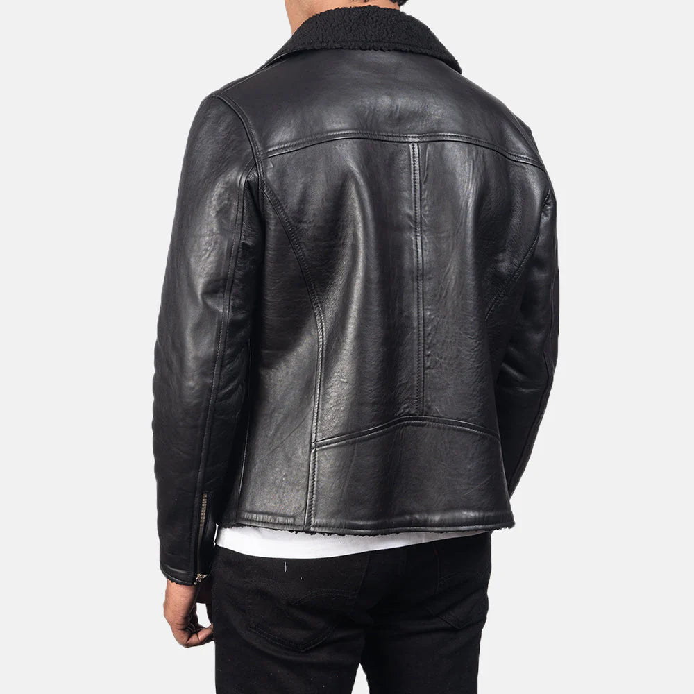 Black shearling leather biker jacket for men. Sheepskin leather, sherpa fur lining, full-zip.
