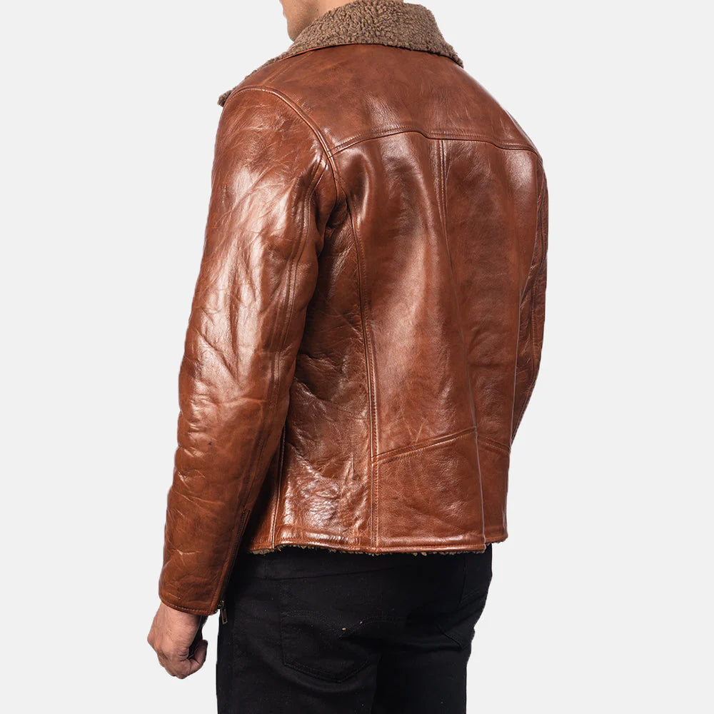 Stylish and warm brown shearling leather jacket for men, showing its cozy sherpa lining and classic vintage-inspired design for winter.