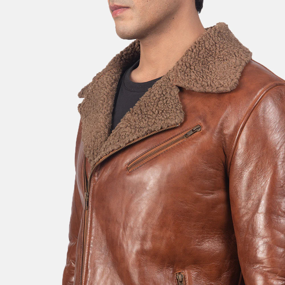 Distressed brown sheepskin shearling biker jacket for men. Warm sherpa lining, asymmetrical zipper, winter coat
