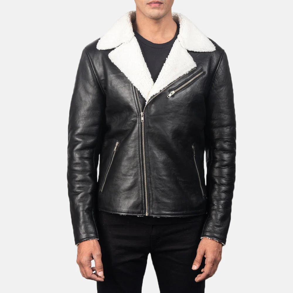Stylish and warm black and white shearling leather jacket for men, highlighting its luxurious white sherpa lining for winter comfort