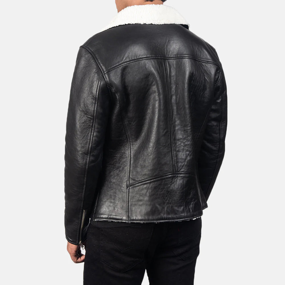 Black sheepskin shearling biker jacket with white fur lining. Men's winter leather jacket, asymmetrical zip.