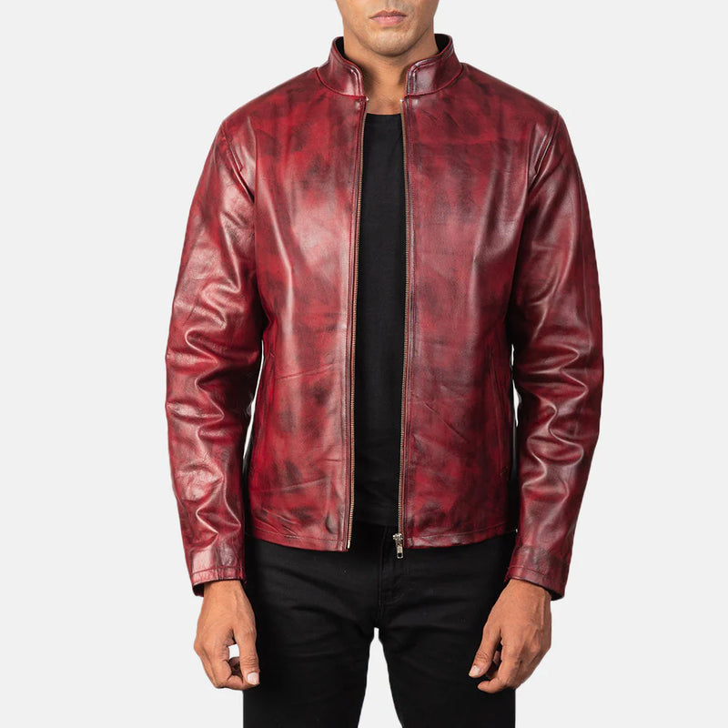 Men's Alex distressed burgundy leather jacket with a black t-shirt. Real sheepskin jacket with a unique burnished finish