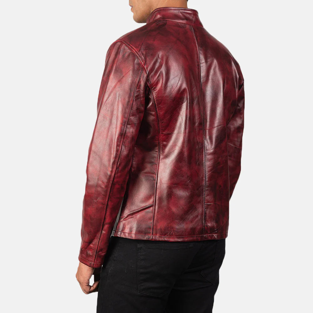 Stylish and lightweight distressed burgundy leather jacket for men, offering a unique color and soft sheepskin comfort for a vintage look.