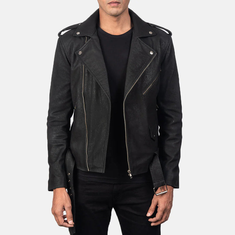 Men's Allaric Alley distressed matte black leather biker jacket. Classic double rider motorcycle jacket style with asymmetrical zipper and belt.