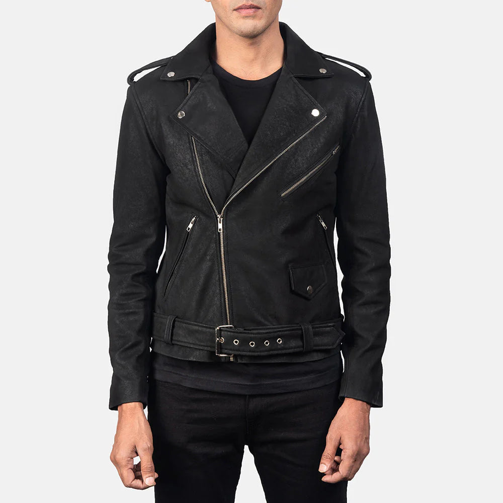 Rugged and timeless distressed black leather biker jacket for men, providing an authentic motorcycle style and durable construction