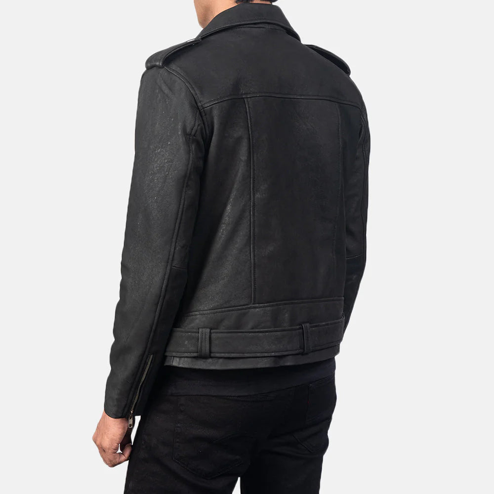 Close-up of the distressed texture and silver metal hardware on the Allaric Alley double rider leather jacket, showing the matte black finish.