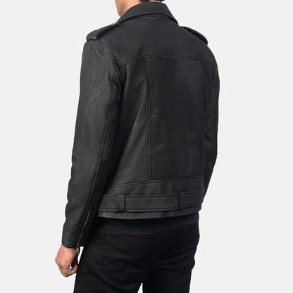 Close-up of the distressed texture and silver metal hardware on the Allaric Alley double rider leather jacket, showing the matte black finish.