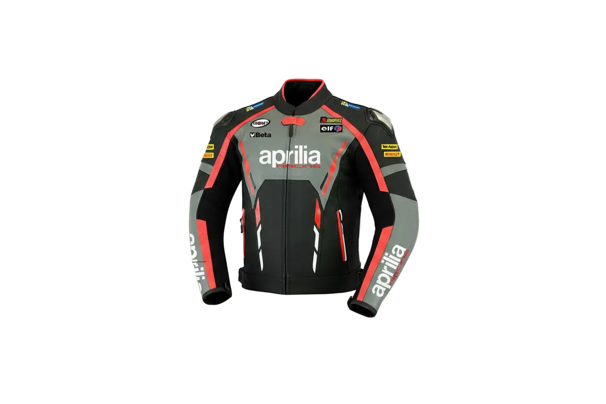 Aprilia Racing black, grey, white, and red leather motorcycle jacket with sponsor logos and integrated armor.