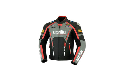 Aprilia Racing black, grey, white, and red leather motorcycle jacket with sponsor logos and integrated armor.