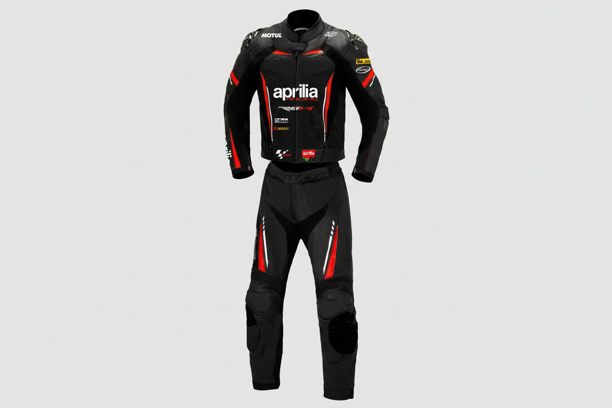 Aprilia Racing black and red leather motorcycle racing suit with RSV4 branding and integrated armor.