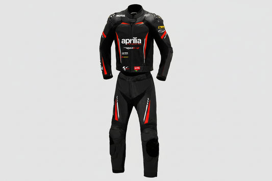 Aprilia Racing black and red leather motorcycle racing suit with RSV4 branding and integrated armor.