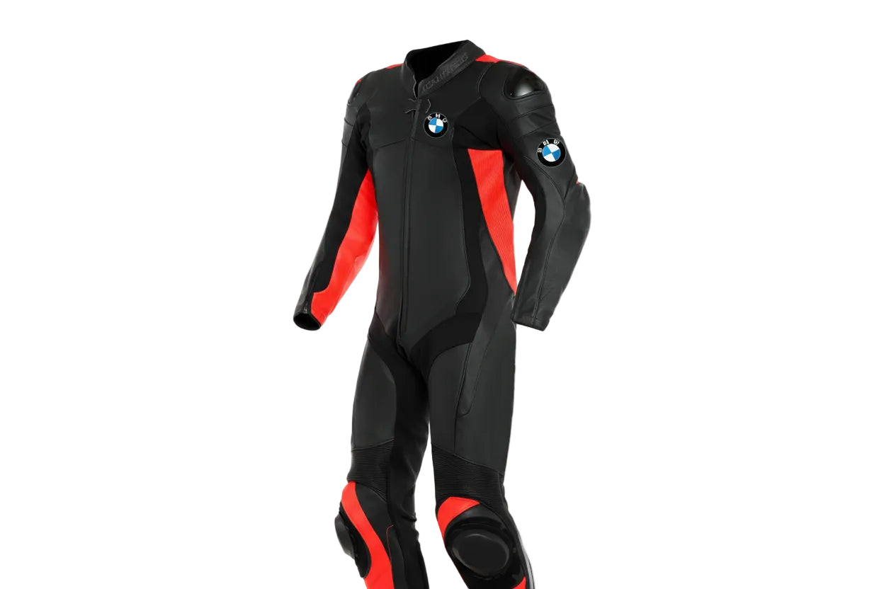 MW M Racing black and white leather motorcycle racing suit with integrated armor and factory logos.