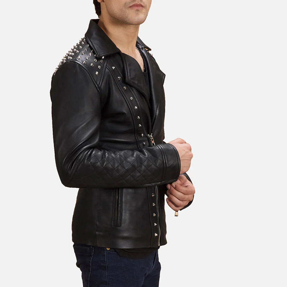 Black distressed leather jacket for men. Double rider moto style, snap lapels, matte finish, waist belt.