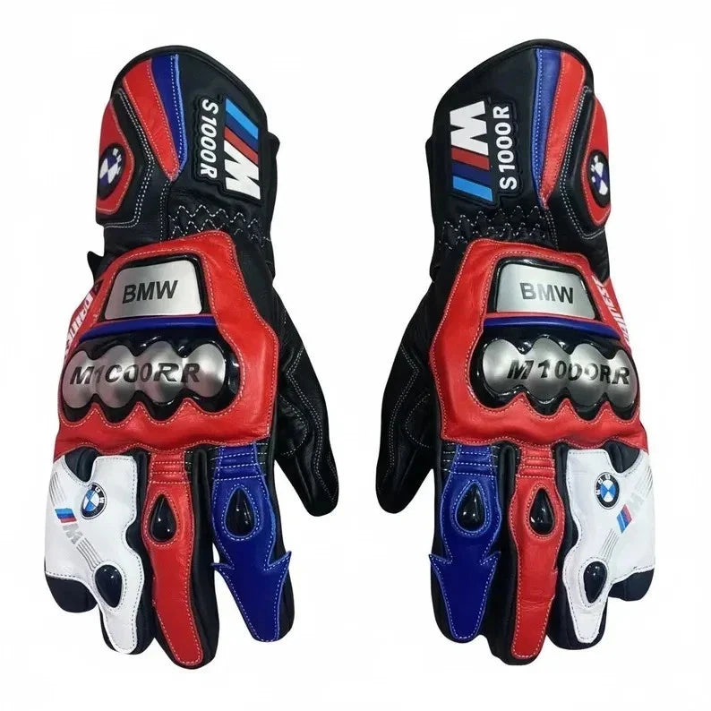 BMW M 1000 RR leather motorcycle racing gloves with tricolor M-series panels and metallic knuckle armor.