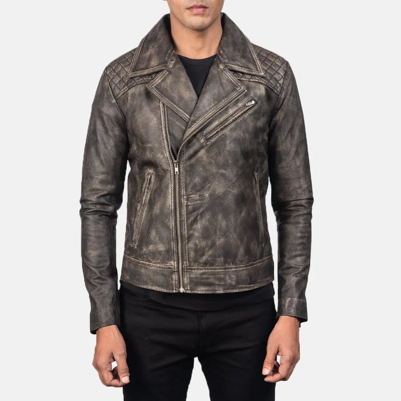Men's Danny distressed brown quilted leather biker jacket. Vintage double rider motorcycle jacket style with shoulder quilting