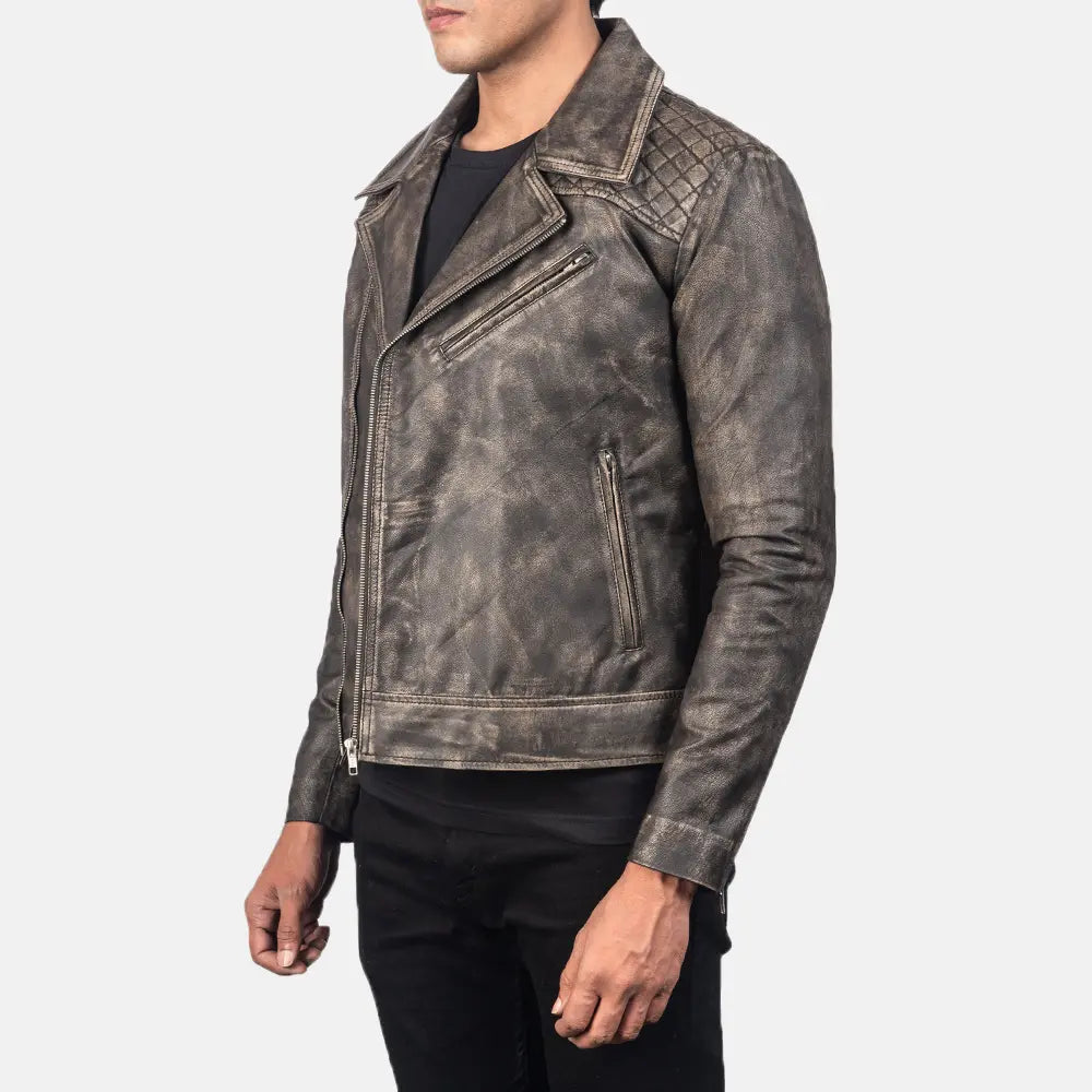 Rugged, vintage-look quilted leather jacket for men, providing a unique distressed brown color and authentic motorcycle style.