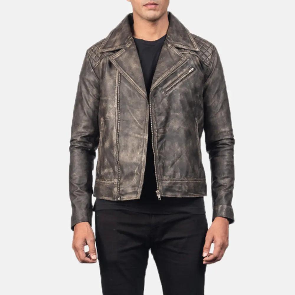 Front view of a man modeling an open dark distressed brown leather jacket, featuring diamond quilted shoulder panels and a large
