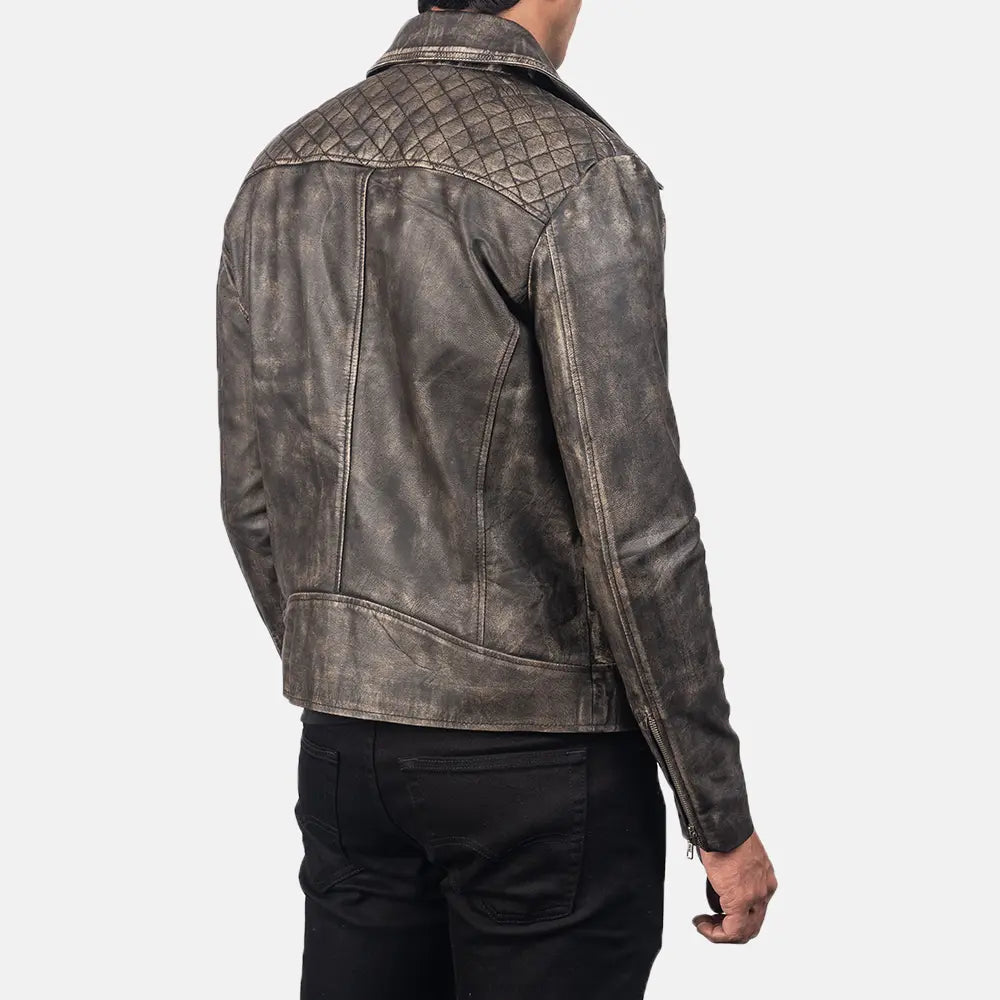 Quilted distressed brown leather jacket for men. Double rider, vintage style, asymmetrical zip, shoulder quilting.