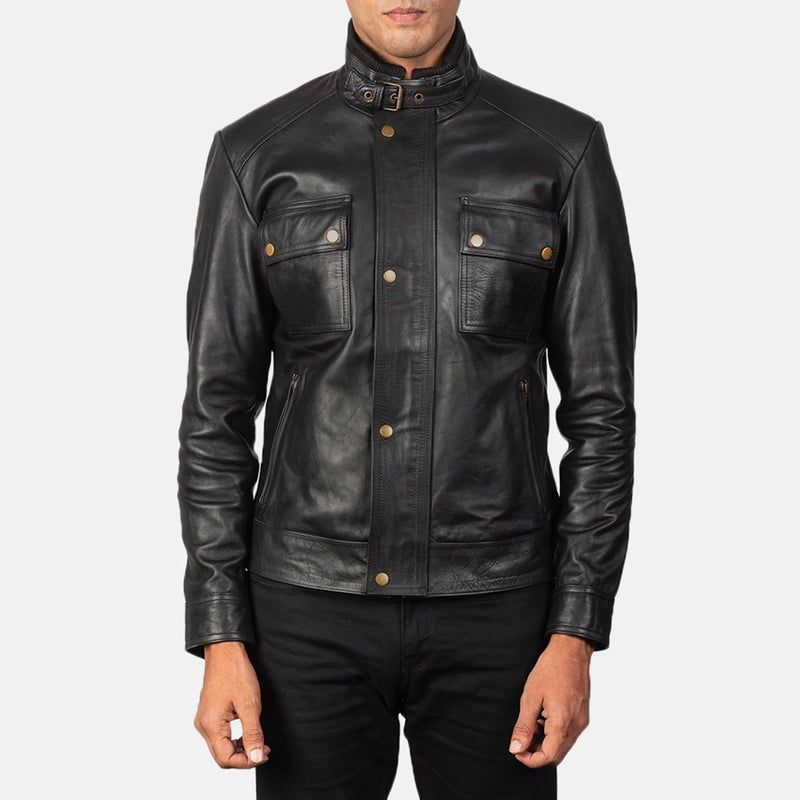 Men's Darren black cowhide leather jacket. Four-pocket utility/field style jacket with a stand collar and gold-tone snaps.