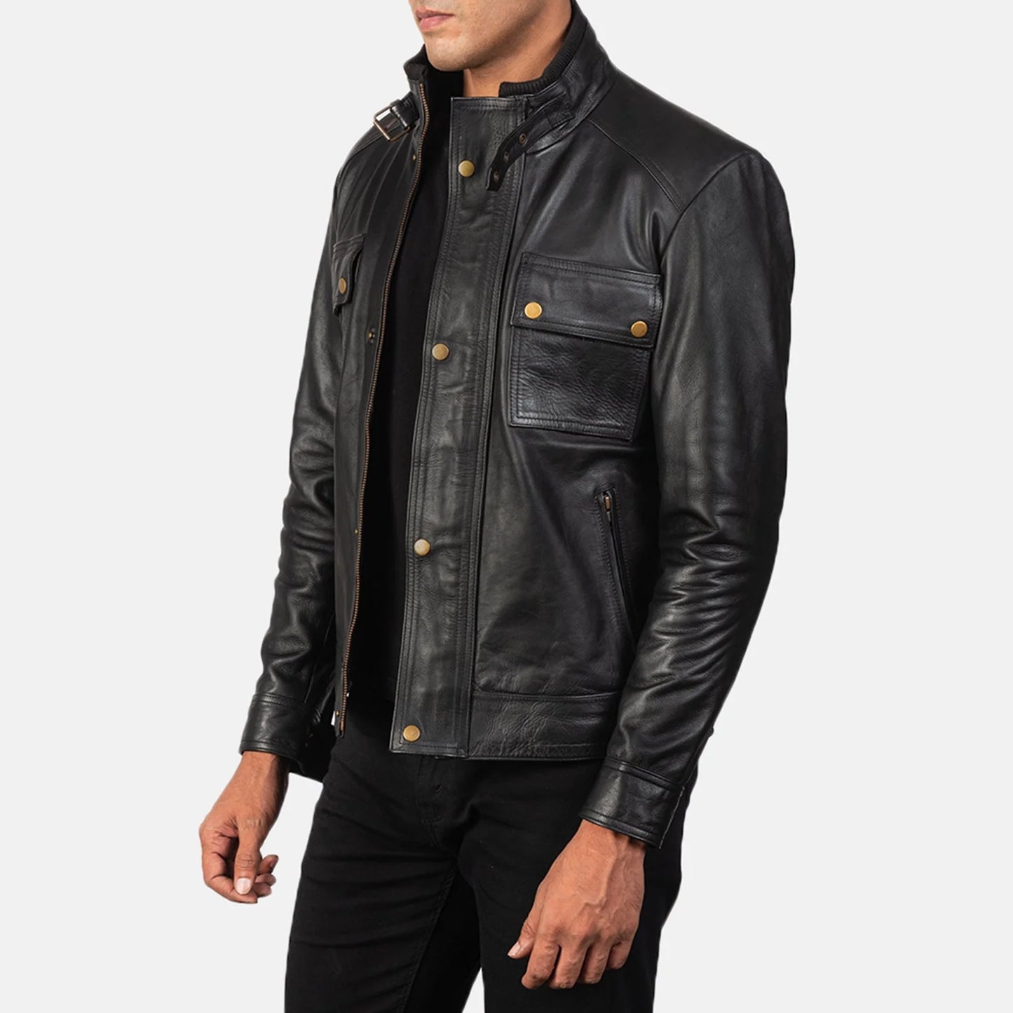 Durable cowhide leather jacket for men in black, offering a stylish utility look and secure four-pocket design.