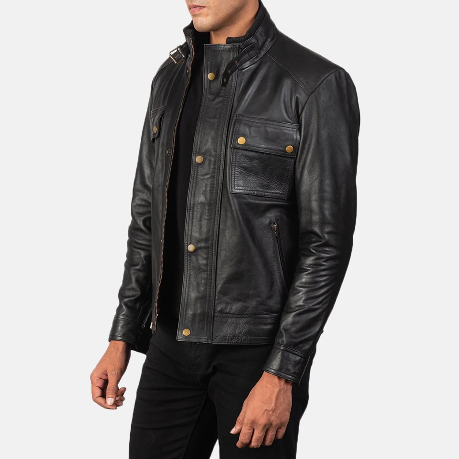 Durable cowhide leather jacket for men in black, offering a stylish utility look and secure four-pocket design.