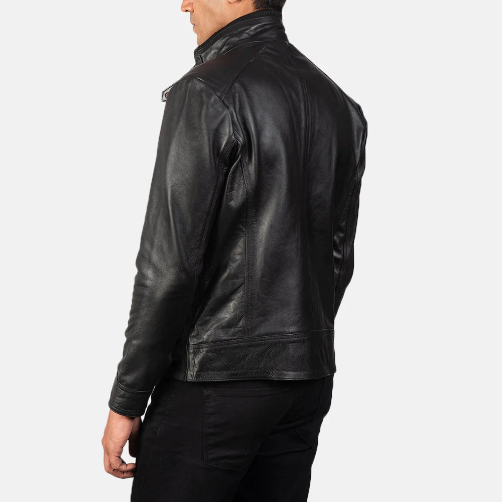 Black cowhide leather jacket. Men's field jacket, moto utility style, stand collar, brass hardware.