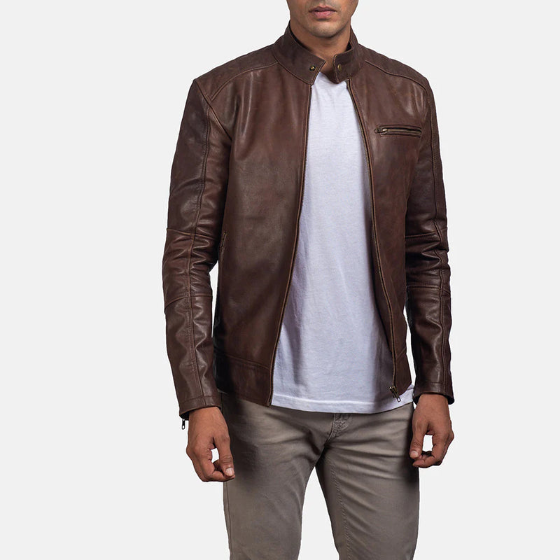 Men's Dean brown cowhide leather cafe racer jacket. Minimalist biker style with a stand collar and oil pull finish."