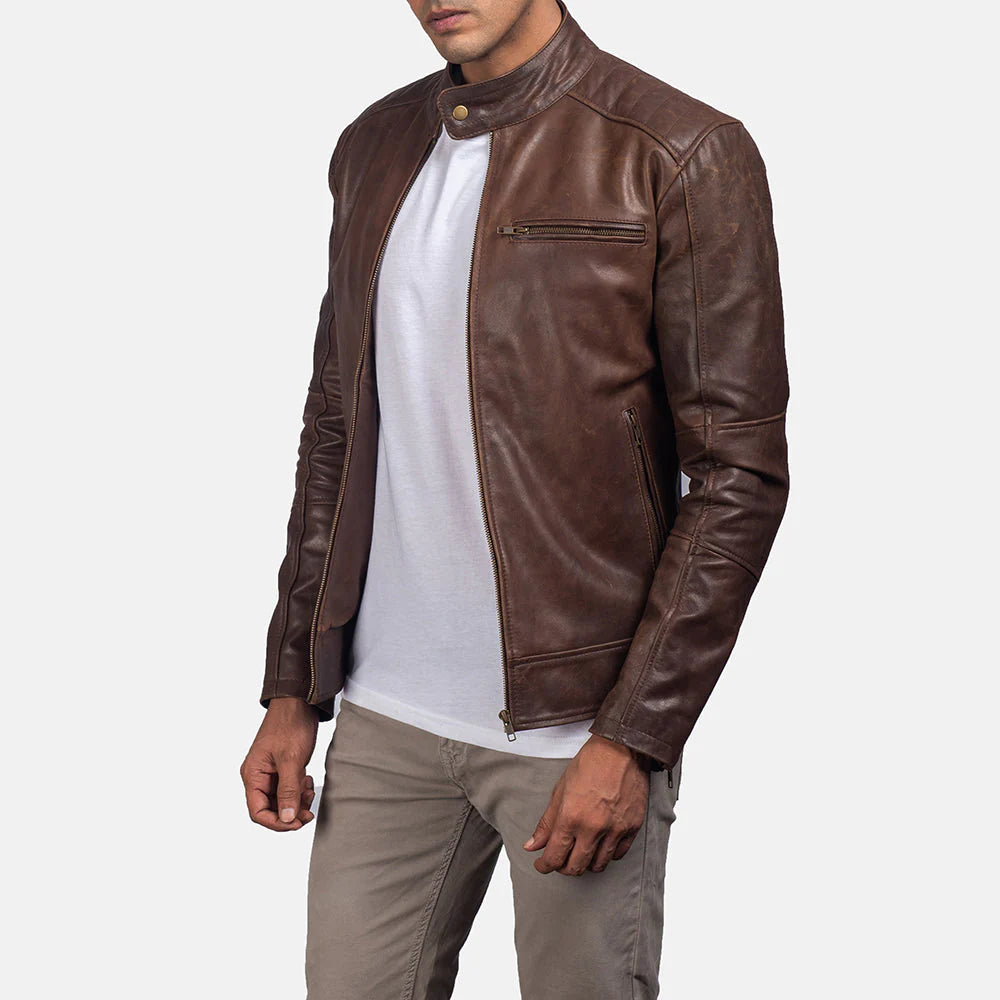 Sleek and durable brown cowhide leather jacket for men, featuring a beautiful oil pull finish that develops a natural vintage patina."