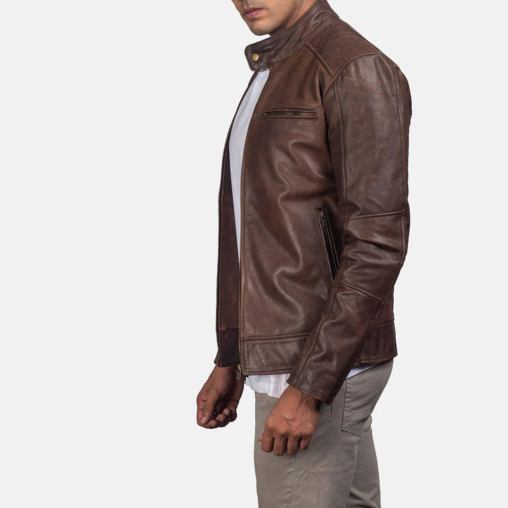 Brown leather cafe racer jacket for men. Cowhide, oil pull finish, stand collar, quilted shoulders."