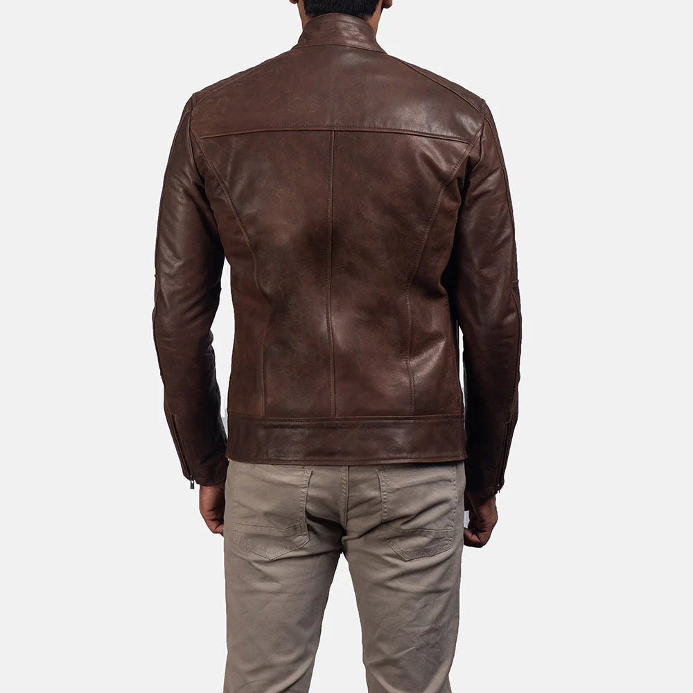 ean brown cowhide leather jacket. Highlights the rich oil pull finish and textured look, perfect for developing a unique patina.