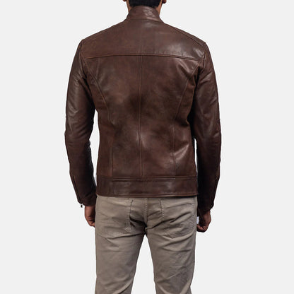 ean brown cowhide leather jacket. Highlights the rich oil pull finish and textured look, perfect for developing a unique patina.