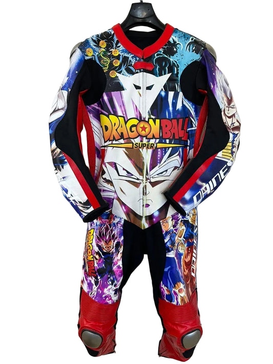Dragon Ball Super professional one-piece leather racing suit featuring Vegeta and Goku graphics.